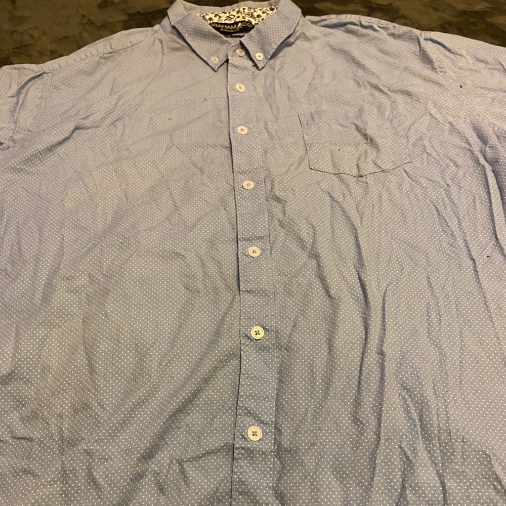 Blue button down with white dots